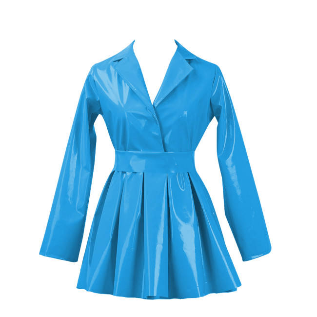 PVC Vinyl Leather Mini Party Dress for Women Lapel Neck Lady Elegant High Waist Pleated Dress Chic Sashes Long Sleeve Dresses
