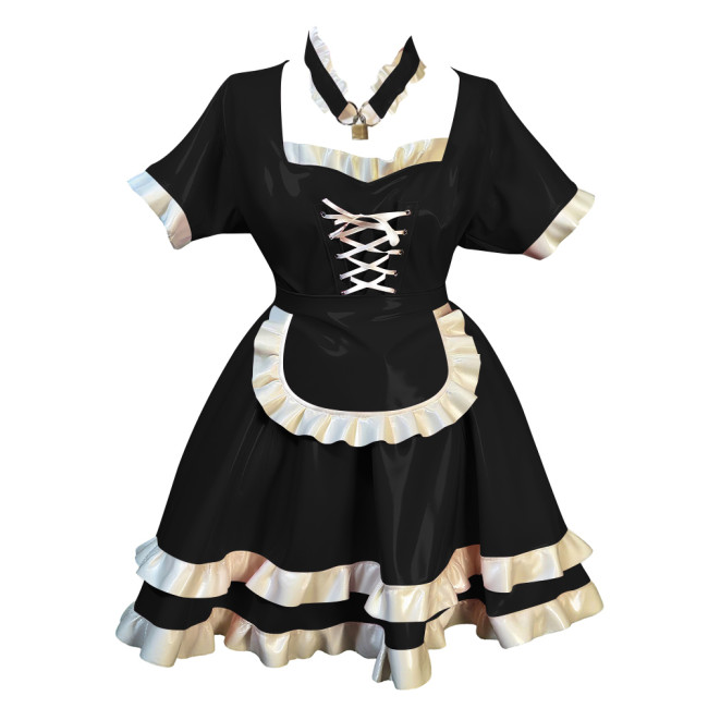 Fetish Short Sleeves Lockable Maid Dress Outfits Lolita Pleated French Servant Dress with Ruffles Party Role Play Maid Uniforms
