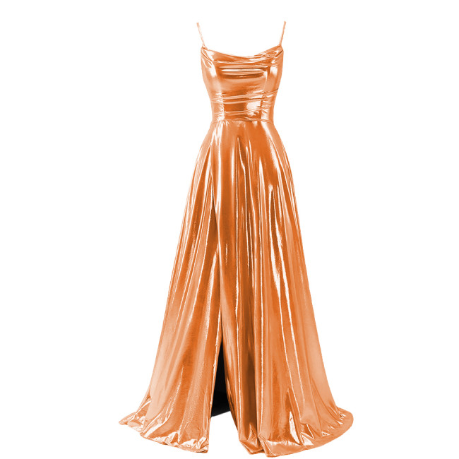 Women Sexy Maxi Sling Dress Liquid Metallic Pleated Slim High Waist Long Dress Ladies Backless Elegant Dress Evening Party Robe