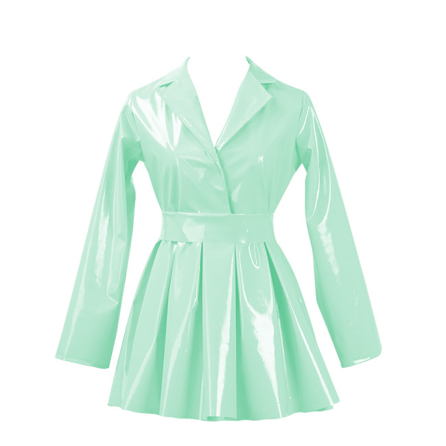 PVC Vinyl Leather Mini Party Dress for Women Lapel Neck Lady Elegant High Waist Pleated Dress Chic Sashes Long Sleeve Dresses