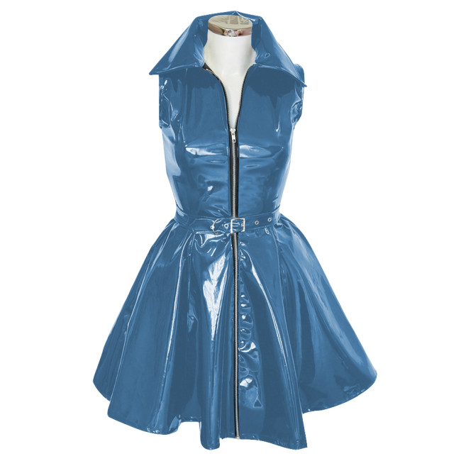 Goth Club Zipper A-Line Tank Dress with Belt Womens Turn-down Collar Sleeveless PVC Vinyl Leather Mini Dress Sissy Streetwear