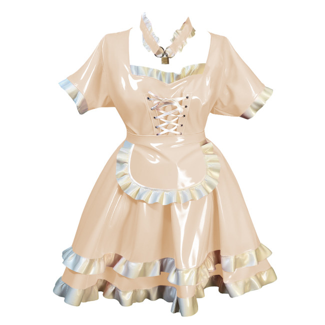 Fetish Short Sleeves Lockable Maid Dress Outfits Lolita Pleated French Servant Dress with Ruffles Party Role Play Maid Uniforms