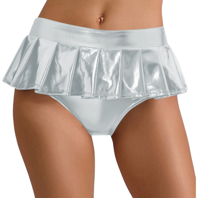 Sexy Metallic Shiny Mini Skirted Panties for Womens Exotic Pleated Pole Dance Briefs Underwear Rave Party Nightclub Clubwear 7XL