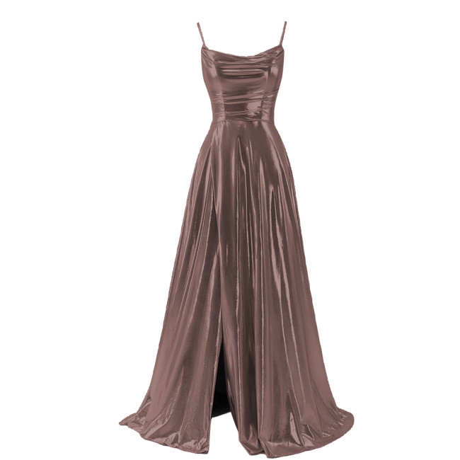 Women Sexy Maxi Sling Dress Liquid Metallic Pleated Slim High Waist Long Dress Ladies Backless Elegant Dress Evening Party Robe