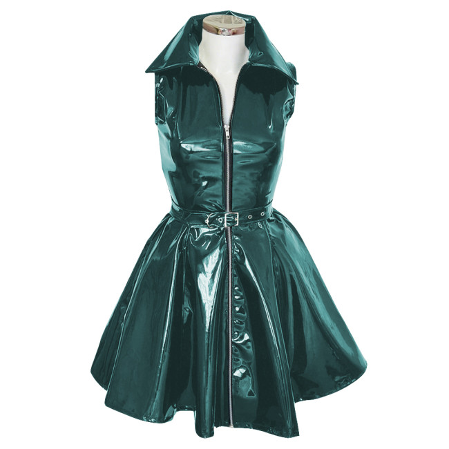 Goth Club Zipper A-Line Tank Dress with Belt Womens Turn-down Collar Sleeveless PVC Vinyl Leather Mini Dress Sissy Streetwear