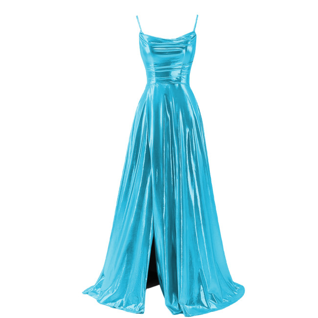 Women Sexy Maxi Sling Dress Liquid Metallic Pleated Slim High Waist Long Dress Ladies Backless Elegant Dress Evening Party Robe