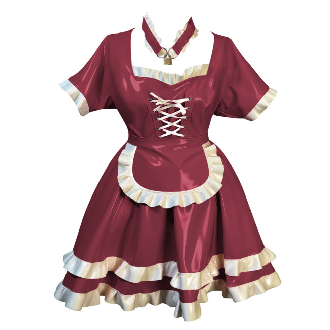 Fetish Short Sleeves Lockable Maid Dress Outfits Lolita Pleated French Servant Dress with Ruffles Party Role Play Maid Uniforms