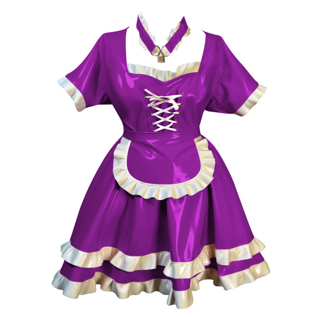 Fetish Short Sleeves Lockable Maid Dress Outfits Lolita Pleated French Servant Dress with Ruffles Party Role Play Maid Uniforms