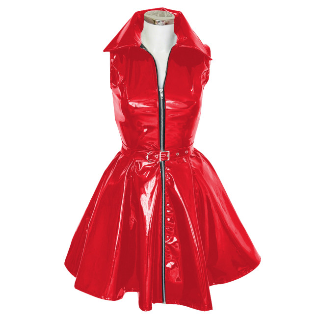 Goth Club Zipper A-Line Tank Dress with Belt Womens Turn-down Collar Sleeveless PVC Vinyl Leather Mini Dress Sissy Streetwear