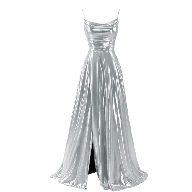 Women Sexy Maxi Sling Dress Liquid Metallic Pleated Slim High Waist Long Dress Ladies Backless Elegant Dress Evening Party Robe