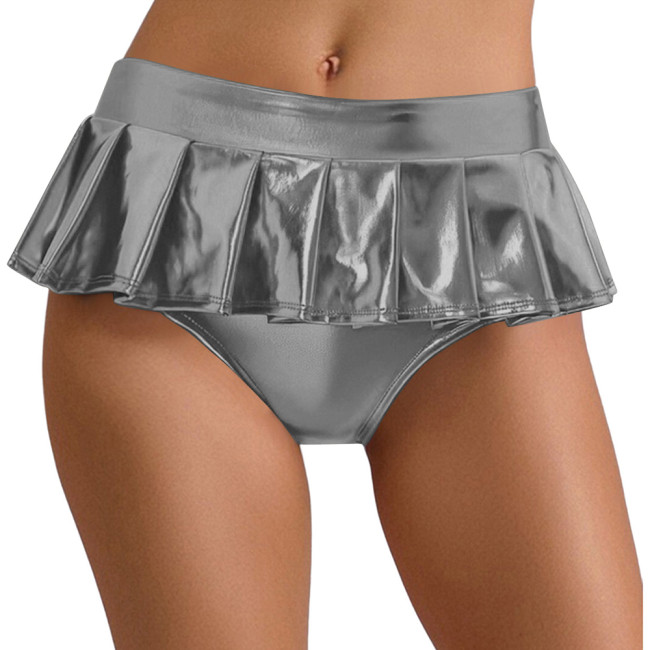 Sexy Metallic Shiny Mini Skirted Panties for Womens Exotic Pleated Pole Dance Briefs Underwear Rave Party Nightclub Clubwear 7XL