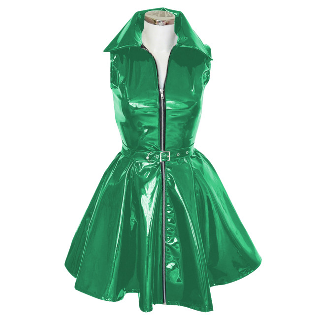 Goth Club Zipper A-Line Tank Dress with Belt Womens Turn-down Collar Sleeveless PVC Vinyl Leather Mini Dress Sissy Streetwear