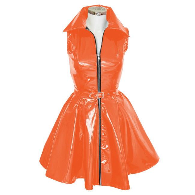 Goth Club Zipper A-Line Tank Dress with Belt Womens Turn-down Collar Sleeveless PVC Vinyl Leather Mini Dress Sissy Streetwear
