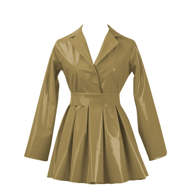 PVC Vinyl Leather Mini Party Dress for Women Lapel Neck Lady Elegant High Waist Pleated Dress Chic Sashes Long Sleeve Dresses