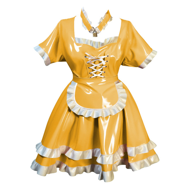 Fetish Short Sleeves Lockable Maid Dress Outfits Lolita Pleated French Servant Dress with Ruffles Party Role Play Maid Uniforms