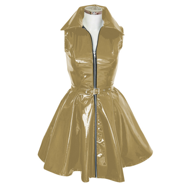 Goth Club Zipper A-Line Tank Dress with Belt Womens Turn-down Collar Sleeveless PVC Vinyl Leather Mini Dress Sissy Streetwear