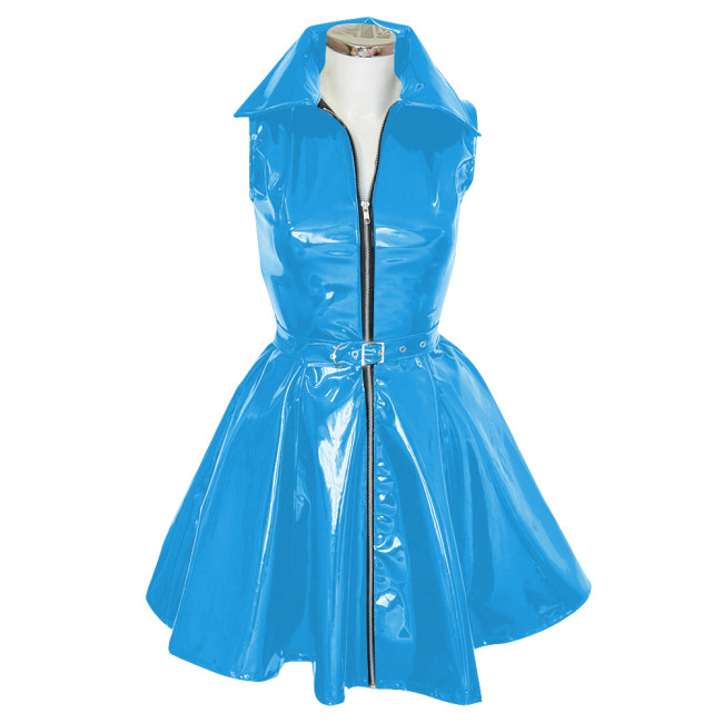 Goth Club Zipper A-Line Tank Dress with Belt Womens Turn-down Collar Sleeveless PVC Vinyl Leather Mini Dress Sissy Streetwear