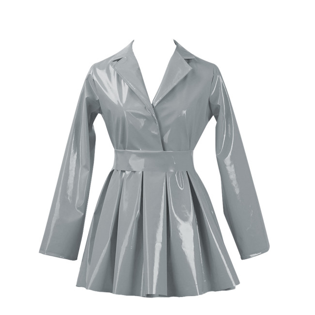 PVC Vinyl Leather Mini Party Dress for Women Lapel Neck Lady Elegant High Waist Pleated Dress Chic Sashes Long Sleeve Dresses