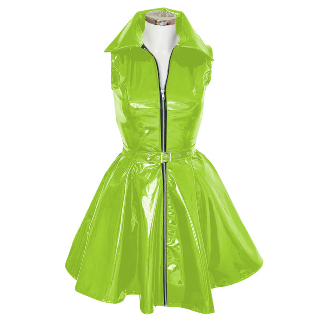 Goth Club Zipper A-Line Tank Dress with Belt Womens Turn-down Collar Sleeveless PVC Vinyl Leather Mini Dress Sissy Streetwear