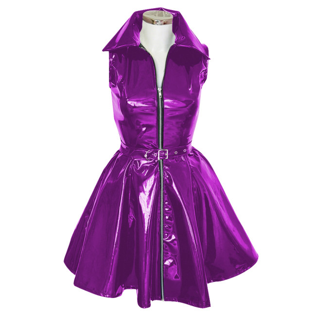 Goth Club Zipper A-Line Tank Dress with Belt Womens Turn-down Collar Sleeveless PVC Vinyl Leather Mini Dress Sissy Streetwear