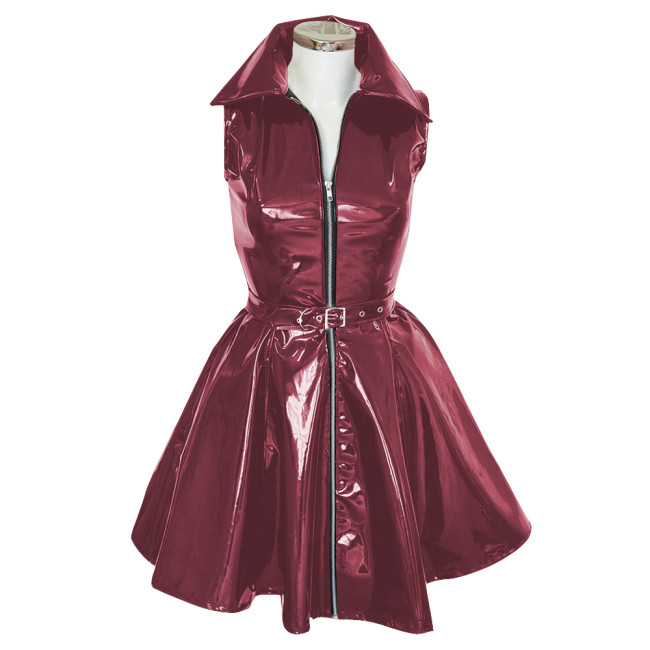 Goth Club Zipper A-Line Tank Dress with Belt Womens Turn-down Collar Sleeveless PVC Vinyl Leather Mini Dress Sissy Streetwear