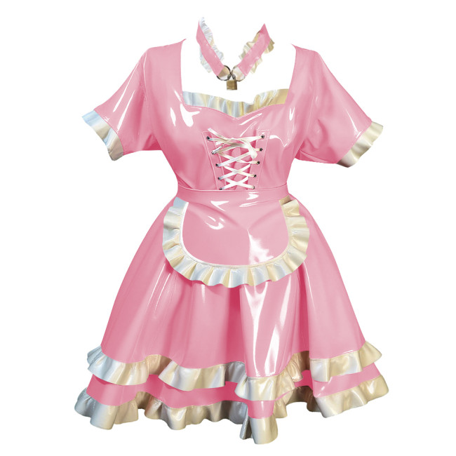Fetish Short Sleeves Lockable Maid Dress Outfits Lolita Pleated French Servant Dress with Ruffles Party Role Play Maid Uniforms