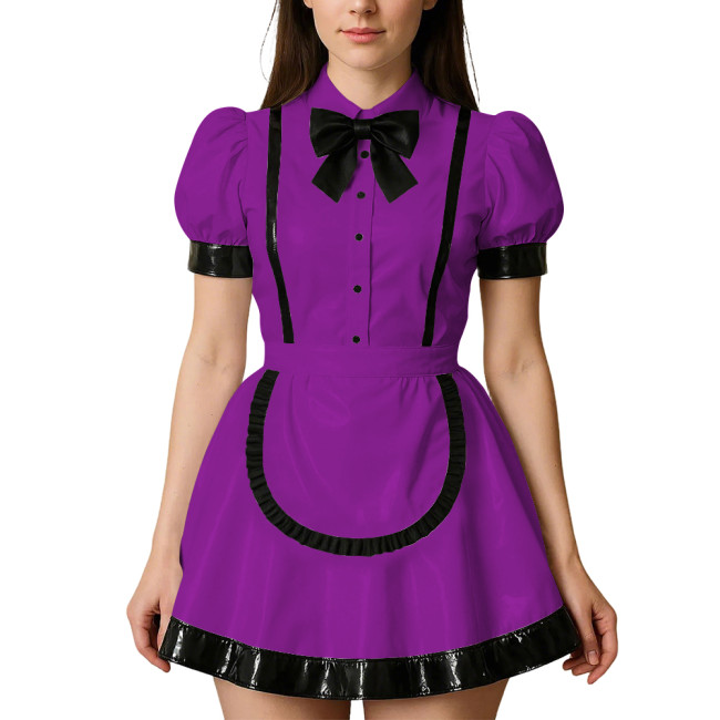 Womens Puff Short Sleeves Theme Party Maid Dress Halloween Cosplay Maid Outfits Turn-down Collar Wet Look Mini Dress with Apron
