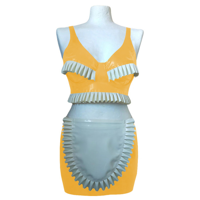 Exotic Sexy Ruffles Croped Sleeveless Top Bodycon Mini Skirts Vinyl PVC Leather Apron Maid Outfits Rave Party Nightclub Suit