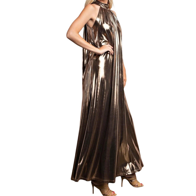 Metallic Liquid A-line Long Party Dress for Women Sexy High-neck Sleeveless Flared Maxi Gown Dress Clubwear Shiny Pleated Robe