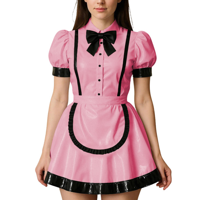 Womens Puff Short Sleeves Theme Party Maid Dress Halloween Cosplay Maid Outfits Turn-down Collar Wet Look Mini Dress with Apron