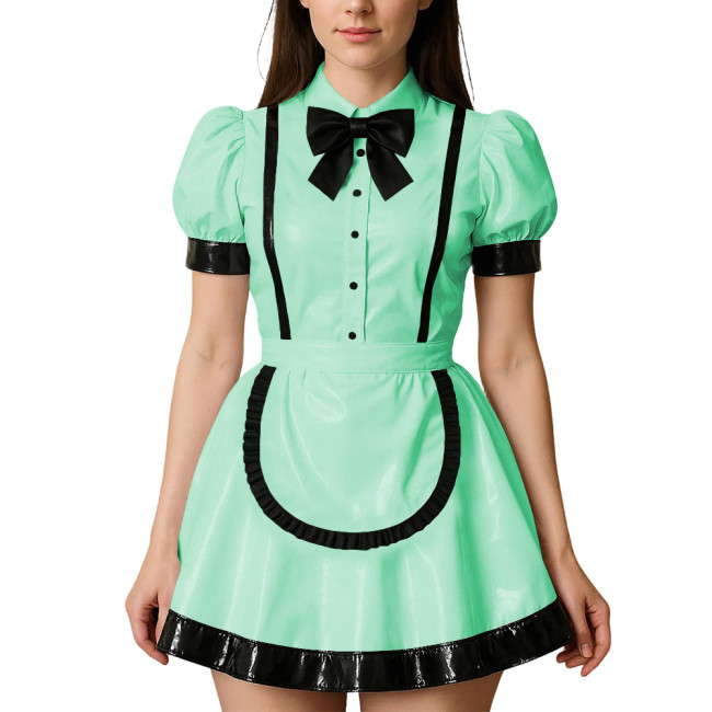 Womens Puff Short Sleeves Theme Party Maid Dress Halloween Cosplay Maid Outfits Turn-down Collar Wet Look Mini Dress with Apron