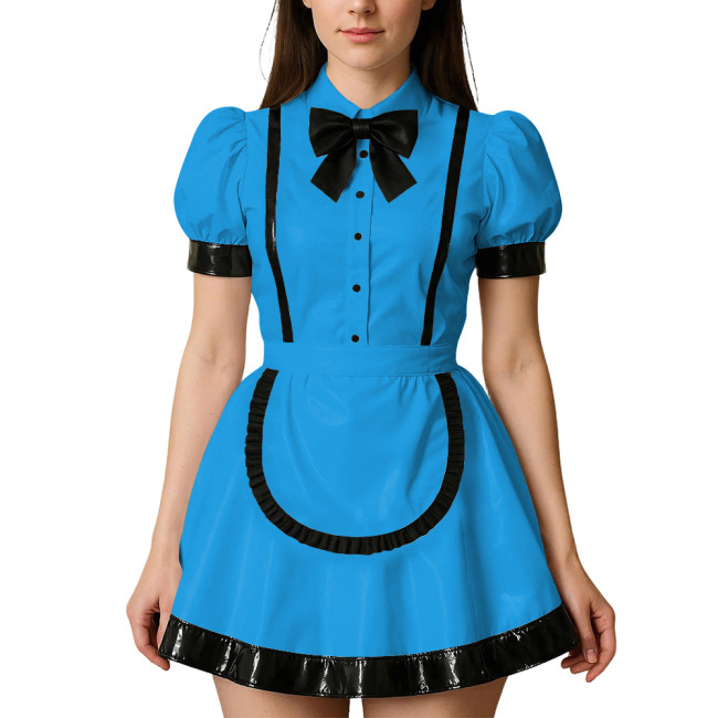 Womens Puff Short Sleeves Theme Party Maid Dress Halloween Cosplay Maid Outfits Turn-down Collar Wet Look Mini Dress with Apron