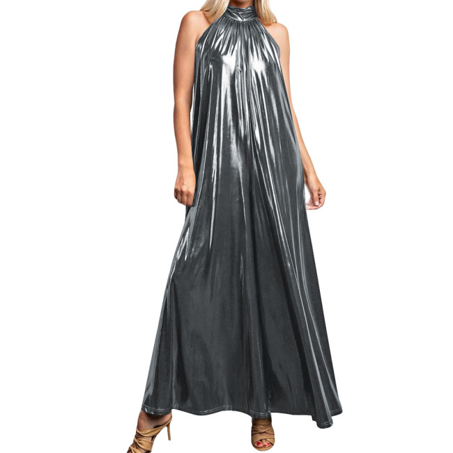 Metallic Liquid A-line Long Party Dress for Women Sexy High-neck Sleeveless Flared Maxi Gown Dress Clubwear Shiny Pleated Robe