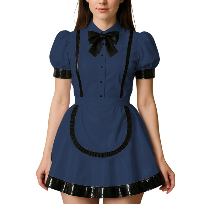 Womens Puff Short Sleeves Theme Party Maid Dress Halloween Cosplay Maid Outfits Turn-down Collar Wet Look Mini Dress with Apron