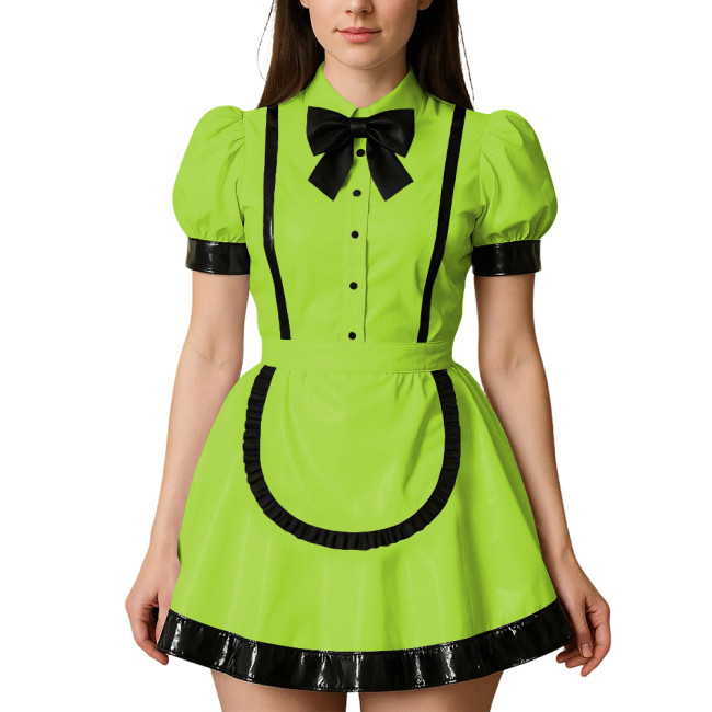 Womens Puff Short Sleeves Theme Party Maid Dress Halloween Cosplay Maid Outfits Turn-down Collar Wet Look Mini Dress with Apron