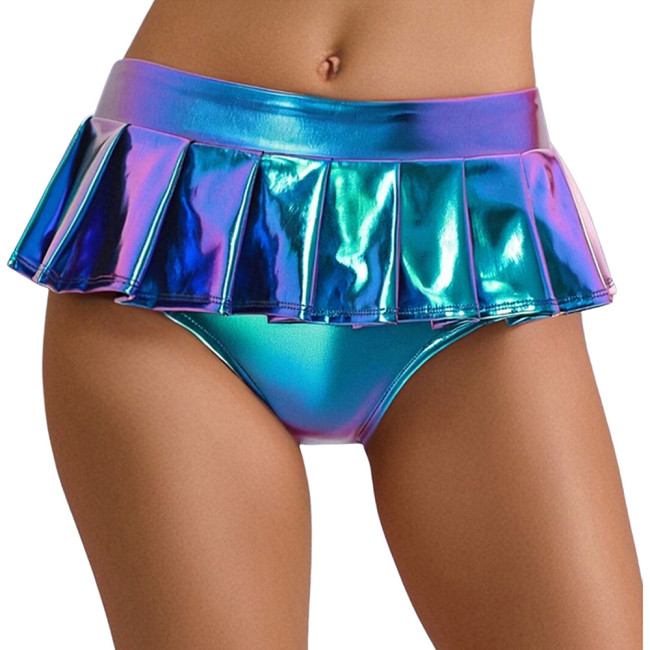 High Waist Hologram Laser Mini Skirt Panties Night Club Pleated Skirted Briefs Shiny Party Underpant Pole Dancing Clothing 7XL