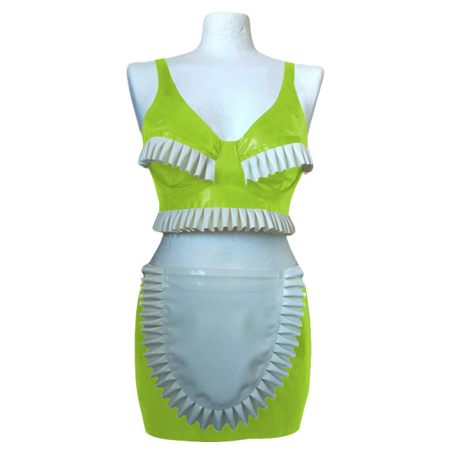 Exotic Sexy Ruffles Croped Sleeveless Top Bodycon Mini Skirts Vinyl PVC Leather Apron Maid Outfits Rave Party Nightclub Suit