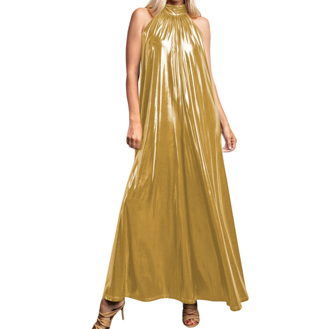 Metallic Liquid A-line Long Party Dress for Women Sexy High-neck Sleeveless Flared Maxi Gown Dress Clubwear Shiny Pleated Robe