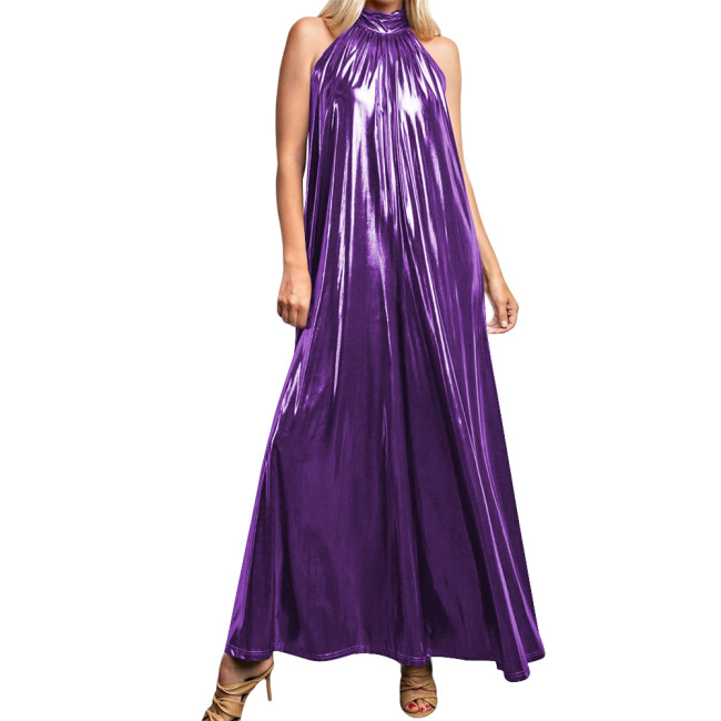 Metallic Liquid A-line Long Party Dress for Women Sexy High-neck Sleeveless Flared Maxi Gown Dress Clubwear Shiny Pleated Robe