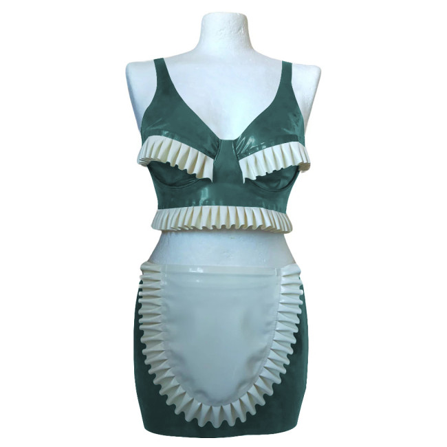 Exotic Sexy Ruffles Croped Sleeveless Top Bodycon Mini Skirts Vinyl PVC Leather Apron Maid Outfits Rave Party Nightclub Suit