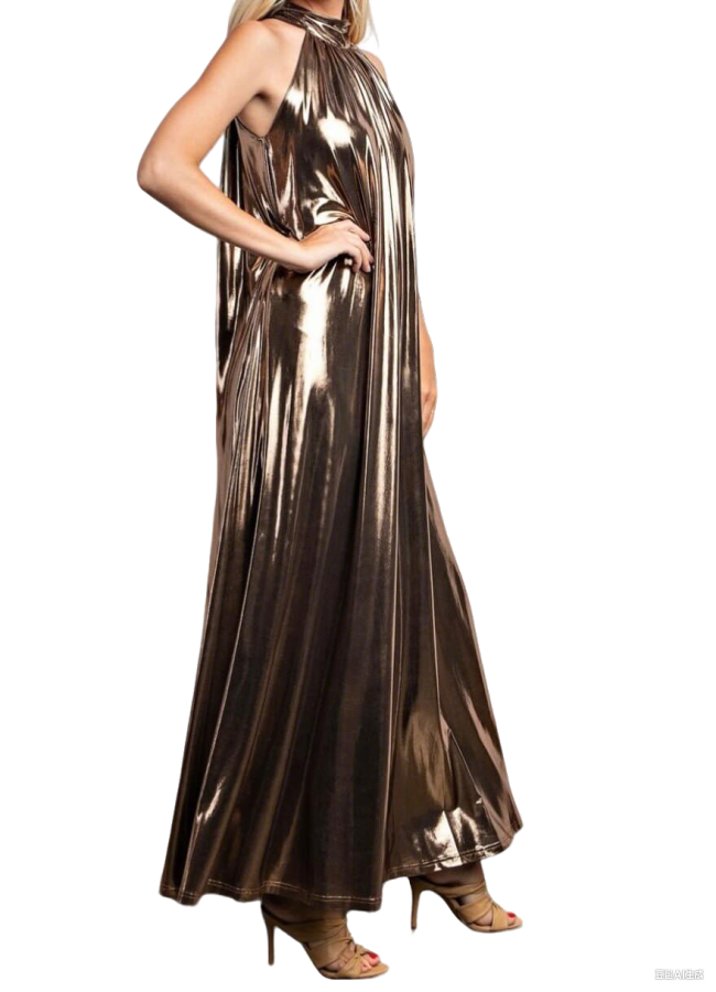 Metallic Liquid A-line Long Party Dress for Women Sexy High-neck Sleeveless Flared Maxi Gown Dress Clubwear Shiny Pleated Robe