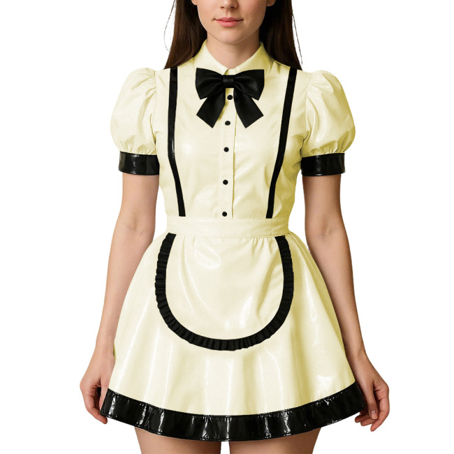 Womens Puff Short Sleeves Theme Party Maid Dress Halloween Cosplay Maid Outfits Turn-down Collar Wet Look Mini Dress with Apron