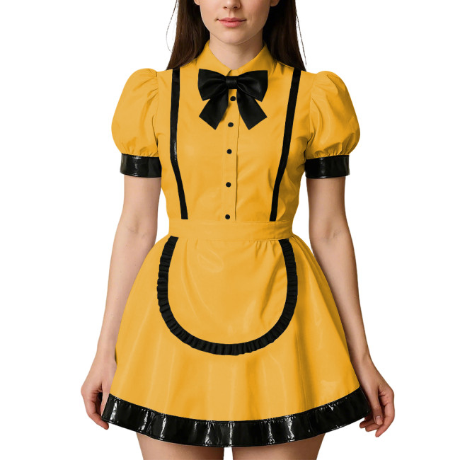 Womens Puff Short Sleeves Theme Party Maid Dress Halloween Cosplay Maid Outfits Turn-down Collar Wet Look Mini Dress with Apron