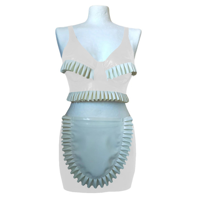 Exotic Sexy Ruffles Croped Sleeveless Top Bodycon Mini Skirts Vinyl PVC Leather Apron Maid Outfits Rave Party Nightclub Suit