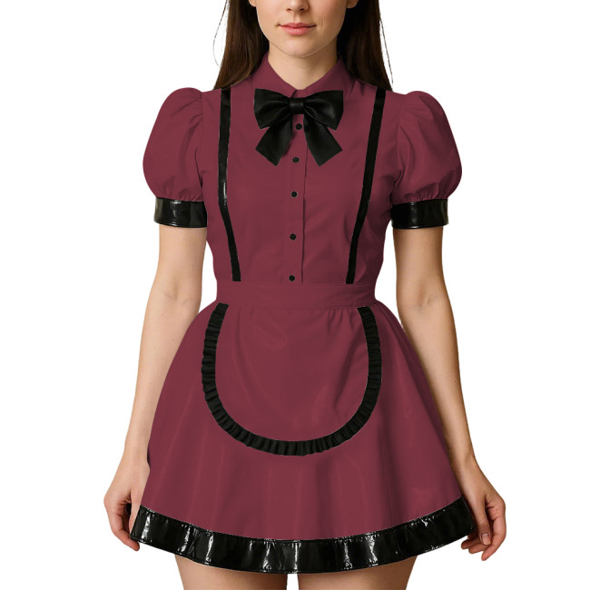 Womens Puff Short Sleeves Theme Party Maid Dress Halloween Cosplay Maid Outfits Turn-down Collar Wet Look Mini Dress with Apron