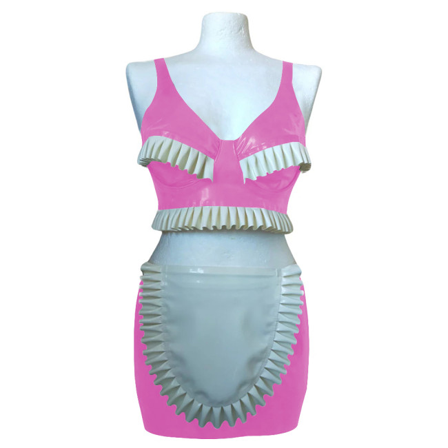 Exotic Sexy Ruffles Croped Sleeveless Top Bodycon Mini Skirts Vinyl PVC Leather Apron Maid Outfits Rave Party Nightclub Suit