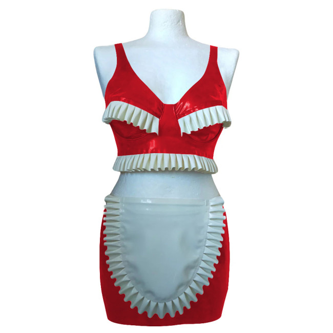 Exotic Sexy Ruffles Croped Sleeveless Top Bodycon Mini Skirts Vinyl PVC Leather Apron Maid Outfits Rave Party Nightclub Suit