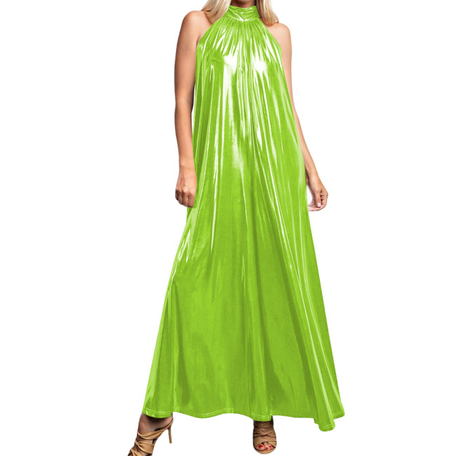 Metallic Liquid A-line Long Party Dress for Women Sexy High-neck Sleeveless Flared Maxi Gown Dress Clubwear Shiny Pleated Robe