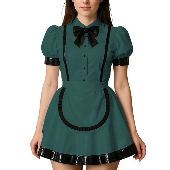 Womens Puff Short Sleeves Theme Party Maid Dress Halloween Cosplay Maid Outfits Turn-down Collar Wet Look Mini Dress with Apron