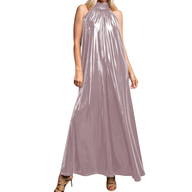 Metallic Liquid A-line Long Party Dress for Women Sexy High-neck Sleeveless Flared Maxi Gown Dress Clubwear Shiny Pleated Robe